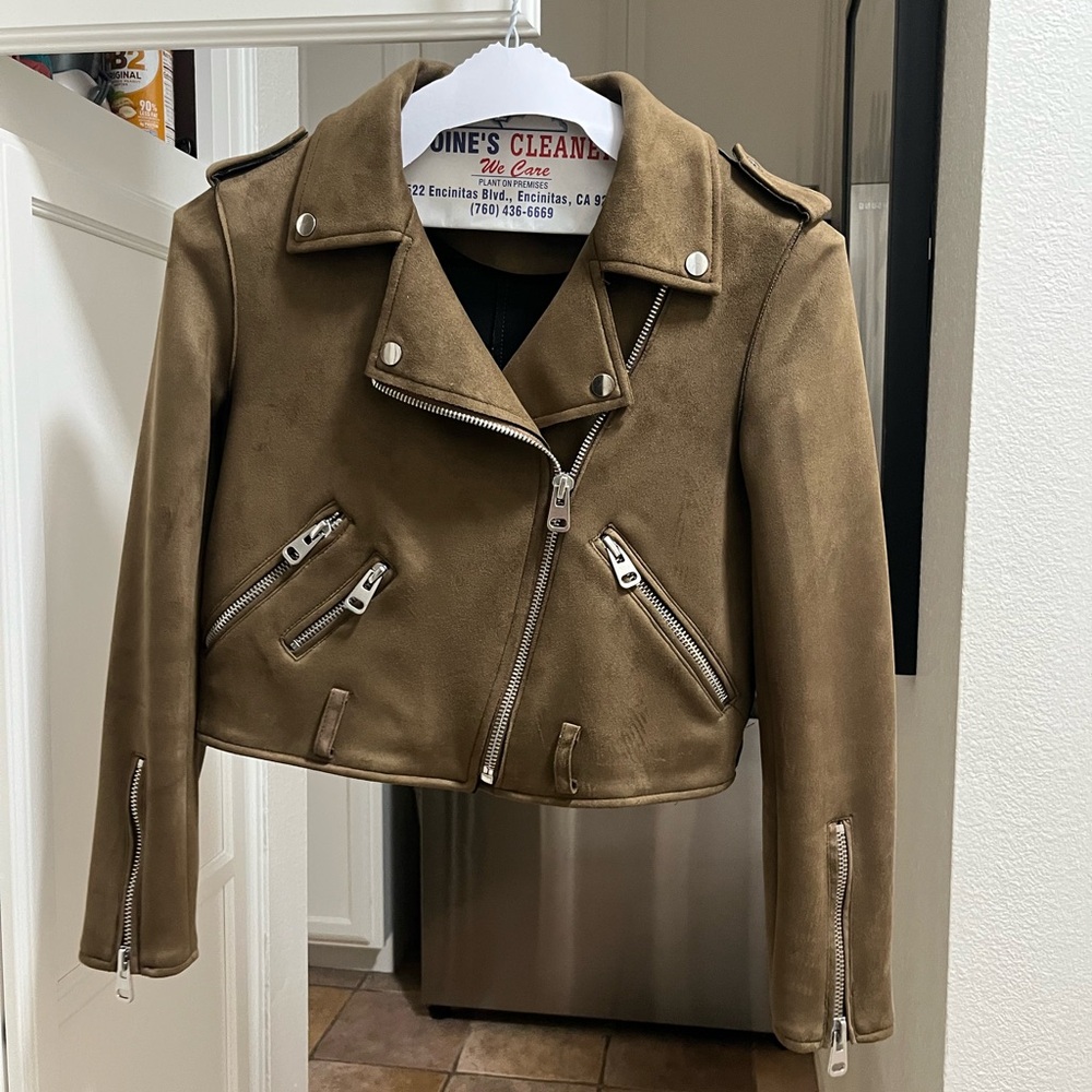 NWOT Zara Brown Suede Moto Jacket with Silver Accents